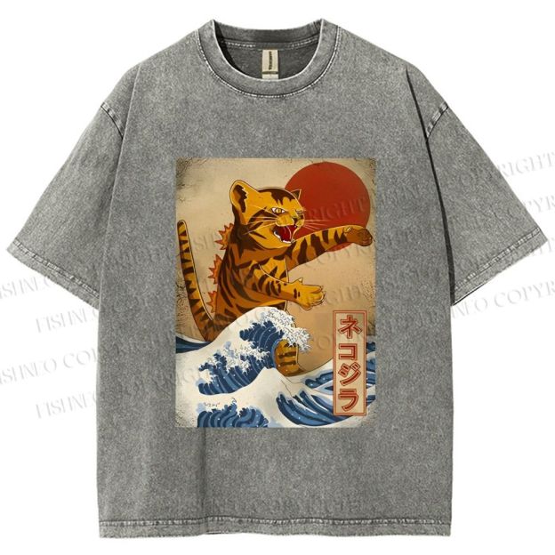 Unisex Japanese Wave Cat Printed Washed Tee