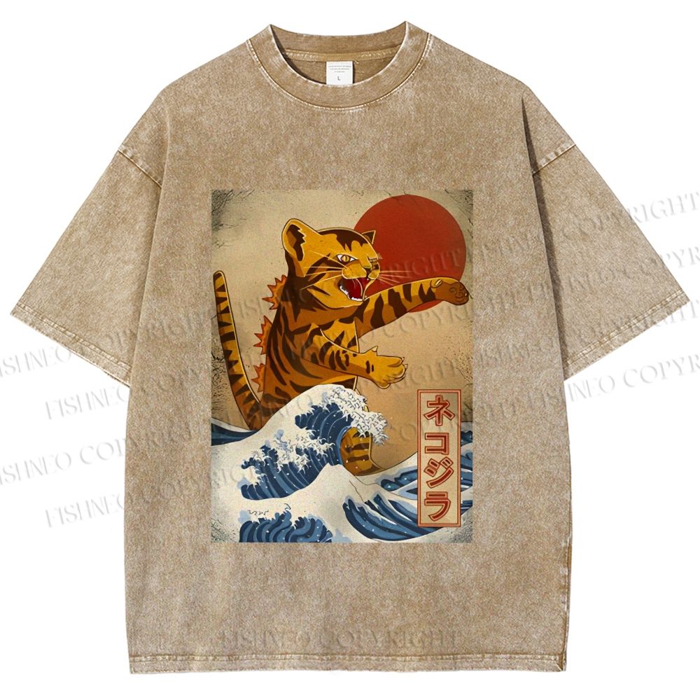Unisex Japanese Wave Cat Printed Washed Tee