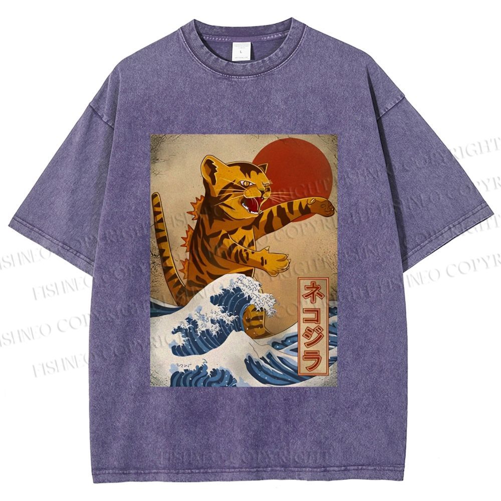 Unisex Japanese Wave Cat Printed Washed Tee