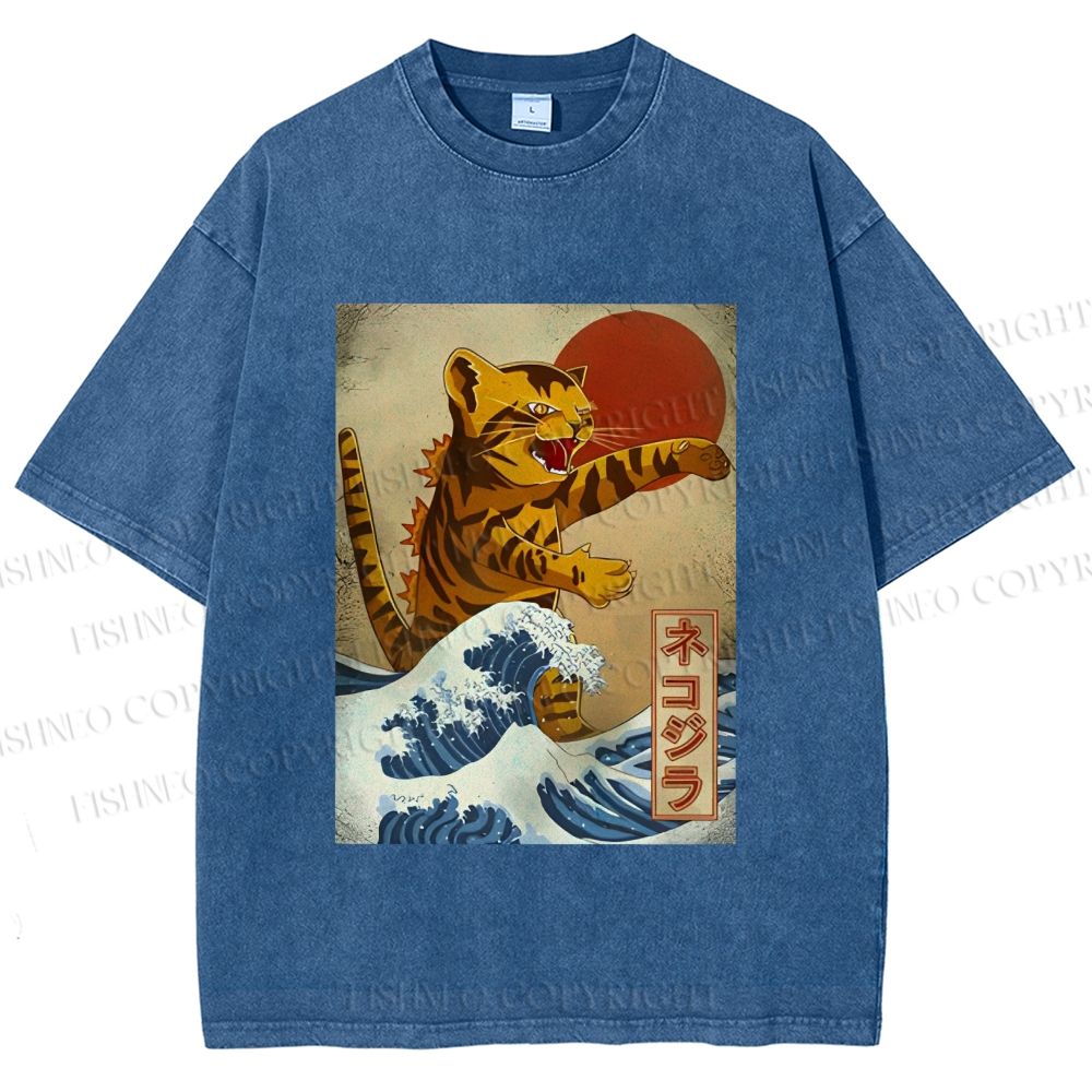 Unisex Japanese Wave Cat Printed Washed Tee
