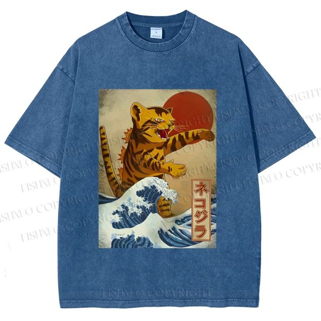 Unisex Japanese Wave Cat Printed Washed Tee