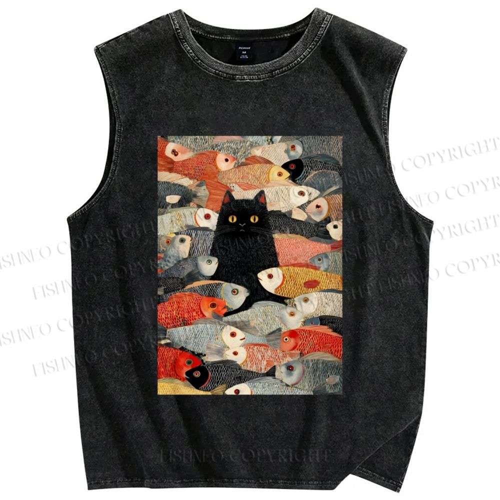 Unisex Vintage Japanese Black Cat Koi Fish Printed Washed Tank Top
