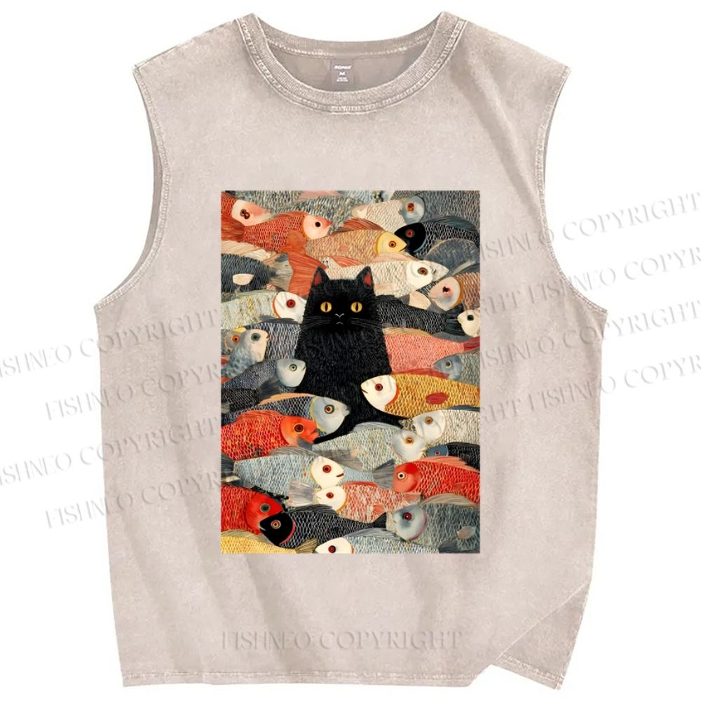 Unisex Vintage Japanese Black Cat Koi Fish Printed Washed Tank Top