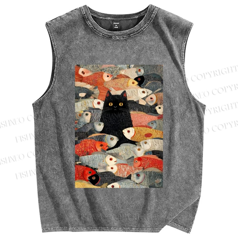 Unisex Vintage Japanese Black Cat Koi Fish Printed Washed Tank Top