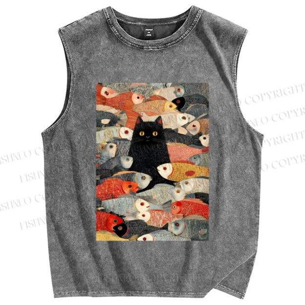 Unisex Vintage Japanese Black Cat Koi Fish Printed Washed Tank Top