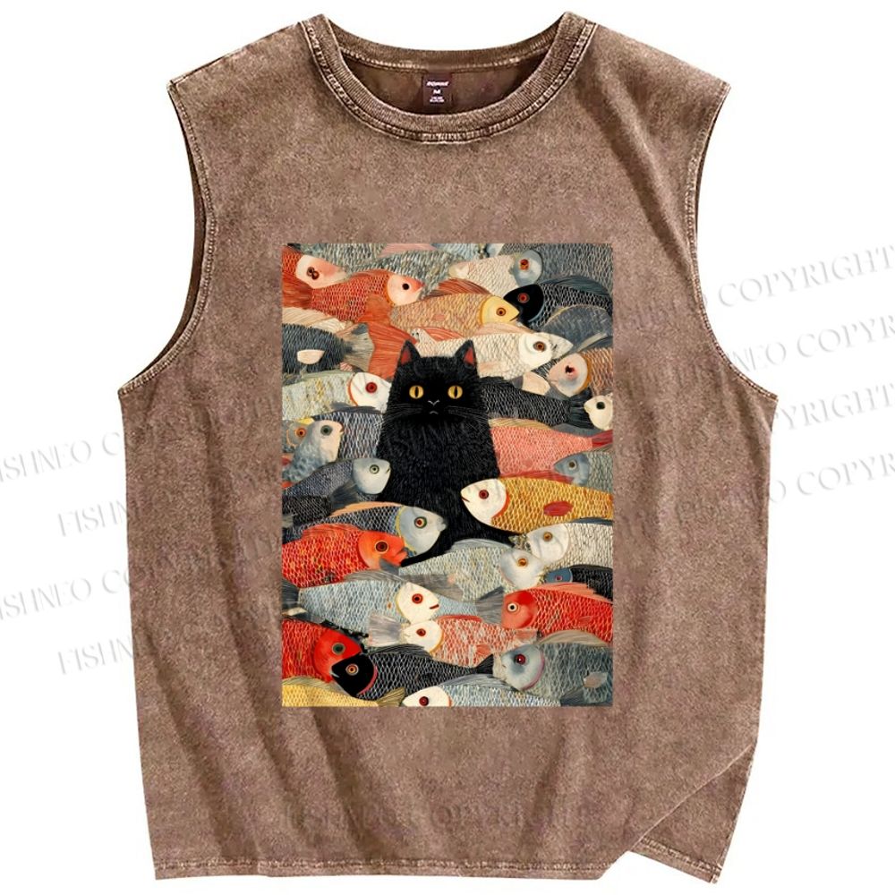 Unisex Vintage Japanese Black Cat Koi Fish Printed Washed Tank Top