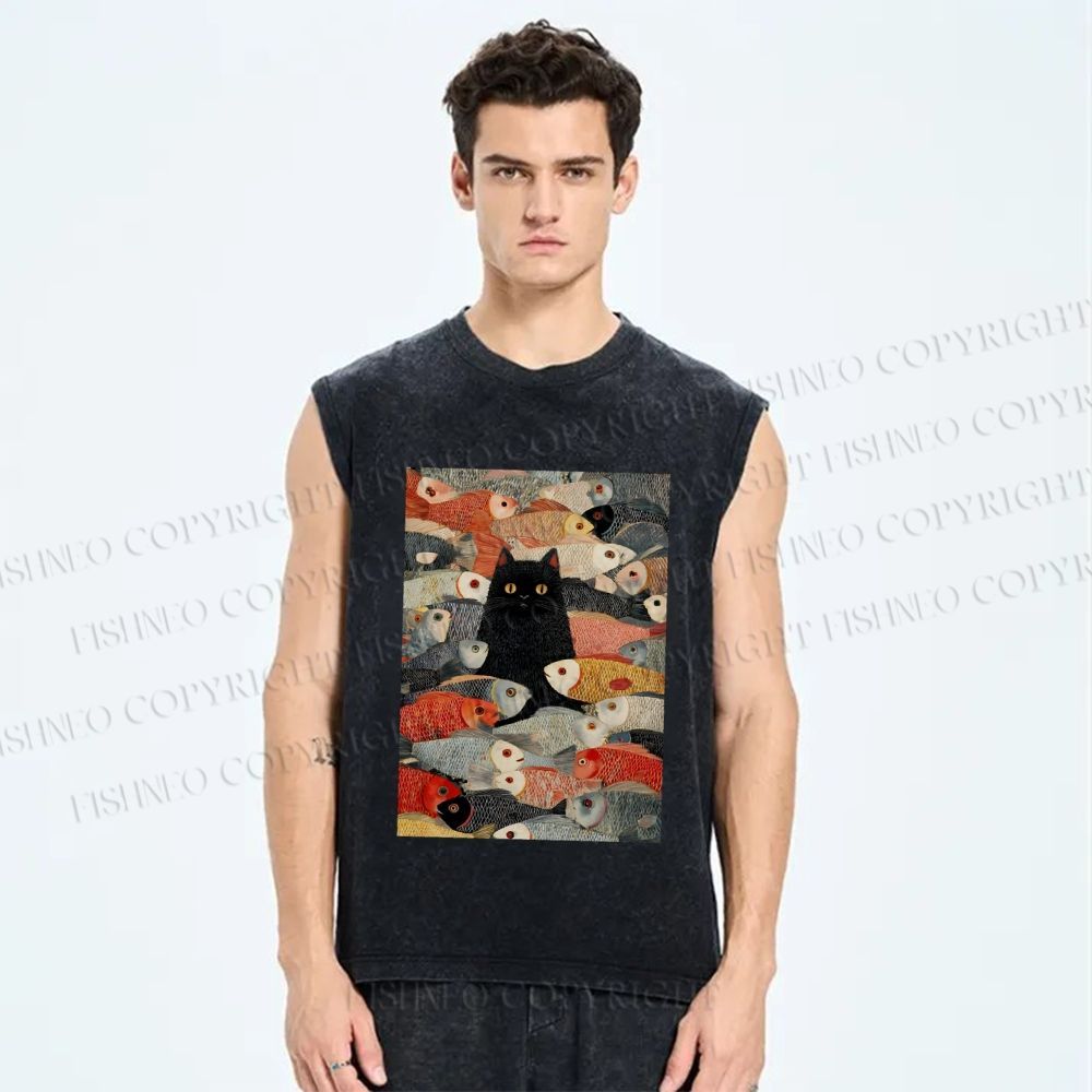 Unisex Vintage Japanese Black Cat Koi Fish Printed Washed Tank Top