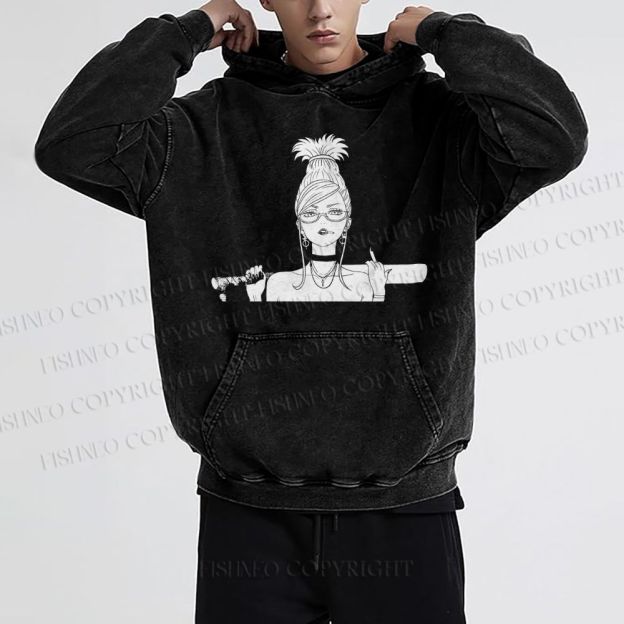 Unisex Casual Printed Vintage Anime Woman Washed Hoodie