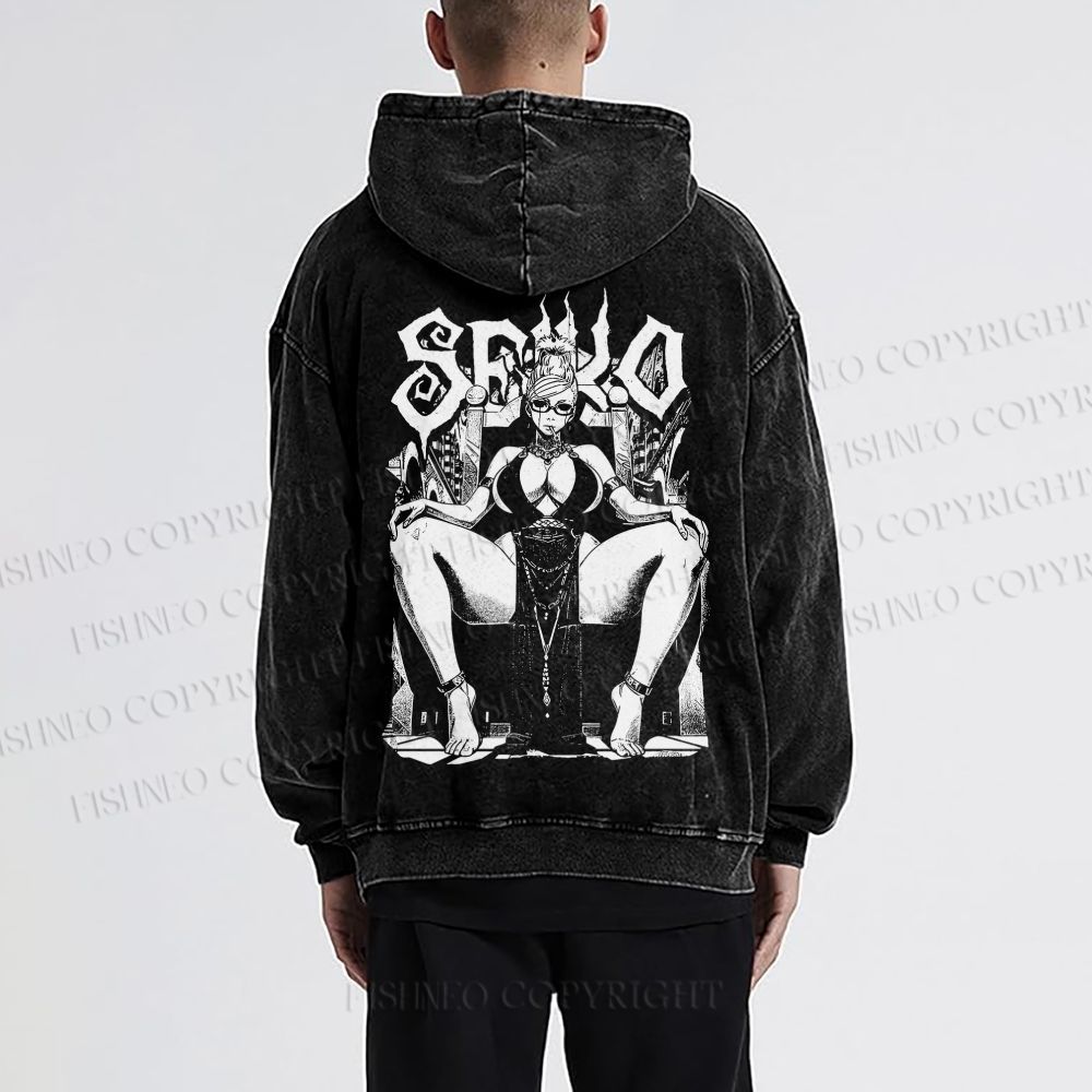 Unisex Casual Printed Vintage Anime Woman Washed Hoodie