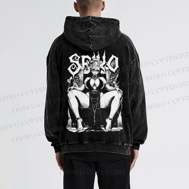 Unisex Casual Printed Vintage Anime Woman Washed Hoodie