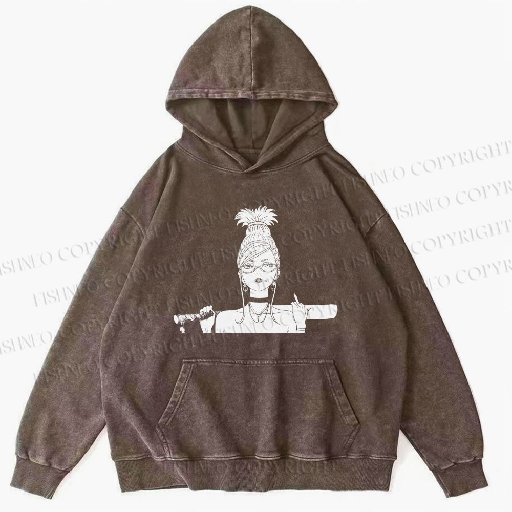 Unisex Casual Printed Vintage Anime Woman Washed Hoodie