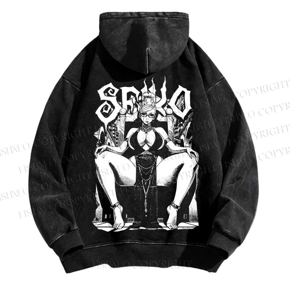 Unisex Casual Printed Vintage Anime Woman Washed Hoodie