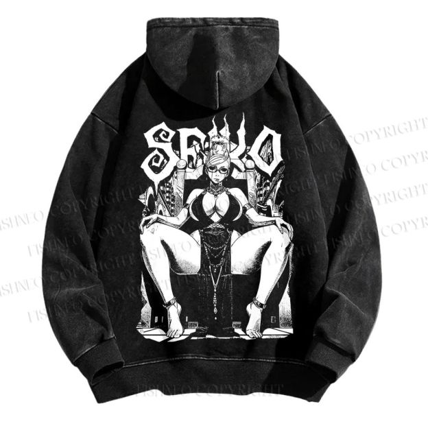 Unisex Casual Printed Vintage Anime Woman Washed Hoodie