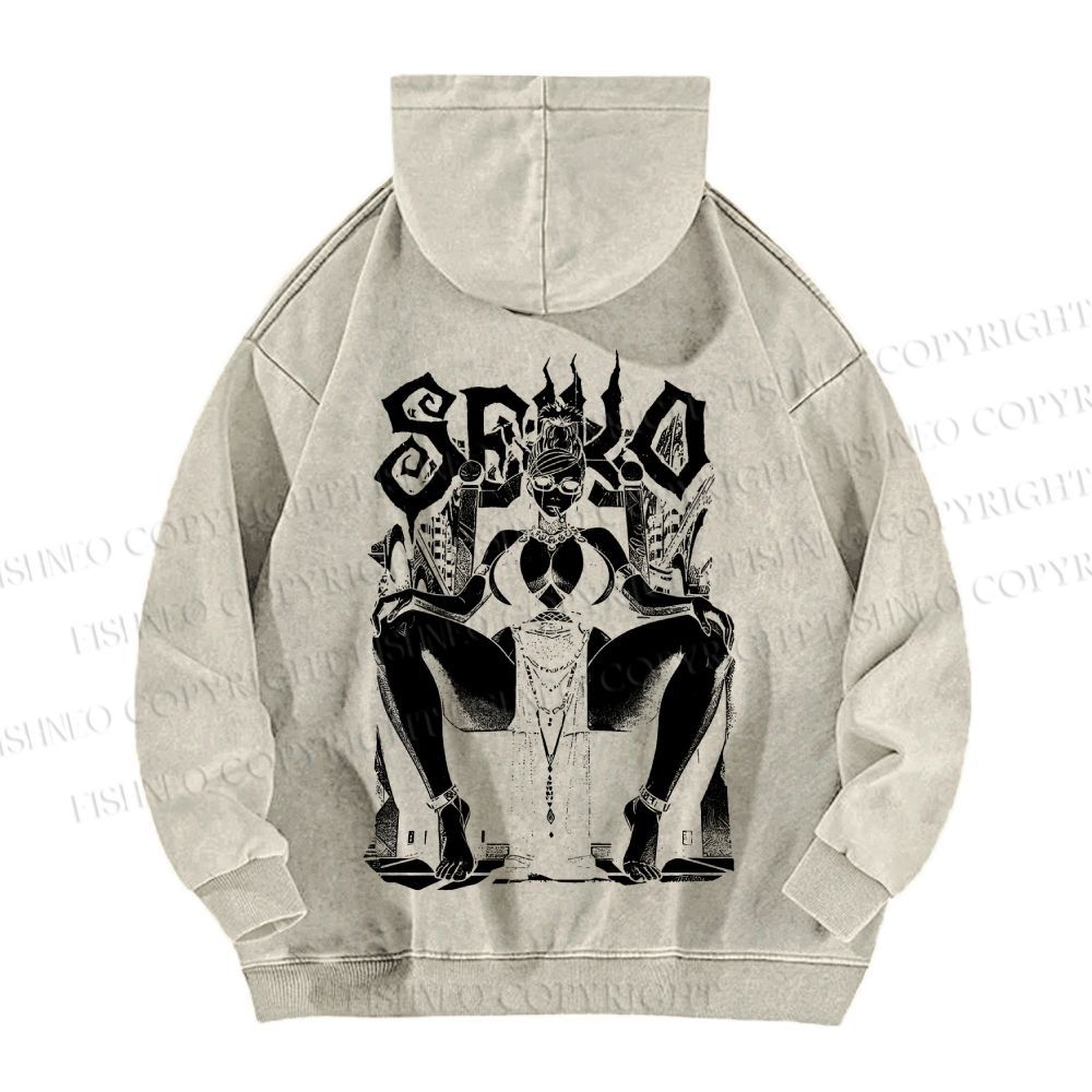 Unisex Casual Printed Vintage Anime Woman Washed Hoodie