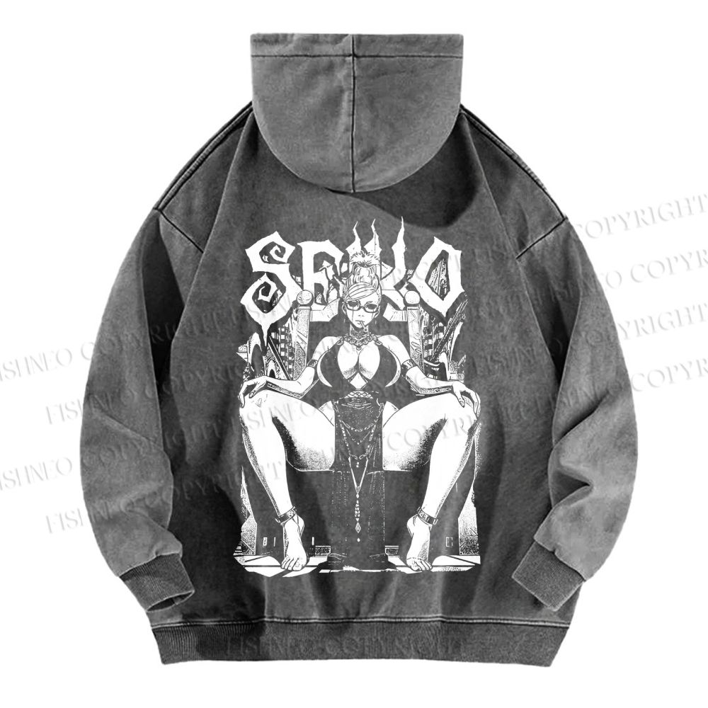 Unisex Casual Printed Vintage Anime Woman Washed Hoodie