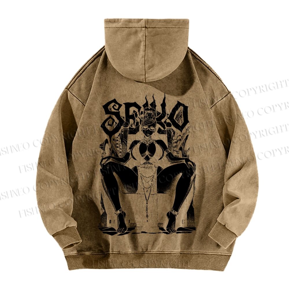 Unisex Casual Printed Vintage Anime Woman Washed Hoodie