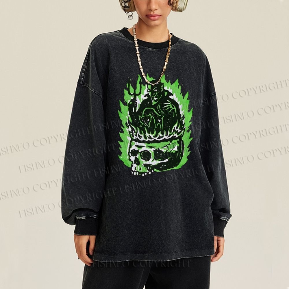 Unisex Casual Washed Vintage Demon Hell Skull Printed Long Sleeve T-shirt
