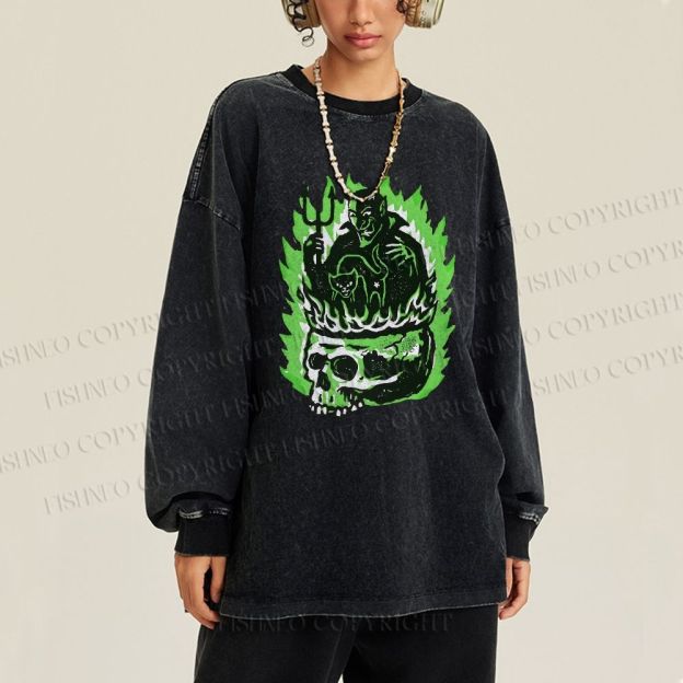 Unisex Casual Washed Vintage Demon Hell Skull Printed Long Sleeve T-shirt