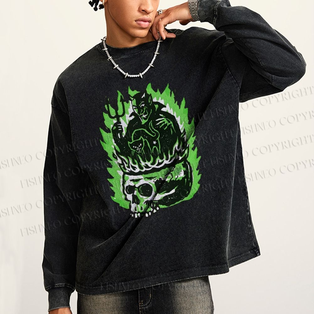 Unisex Casual Washed Vintage Demon Hell Skull Printed Long Sleeve T-shirt