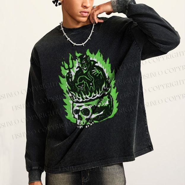 Unisex Casual Washed Vintage Demon Hell Skull Printed Long Sleeve T-shirt