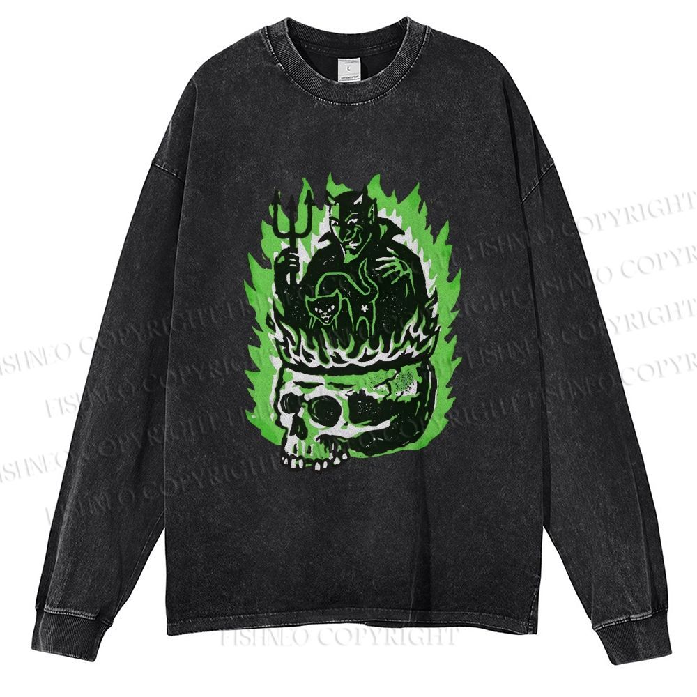 Unisex Casual Washed Vintage Demon Hell Skull Printed Long Sleeve T-shirt