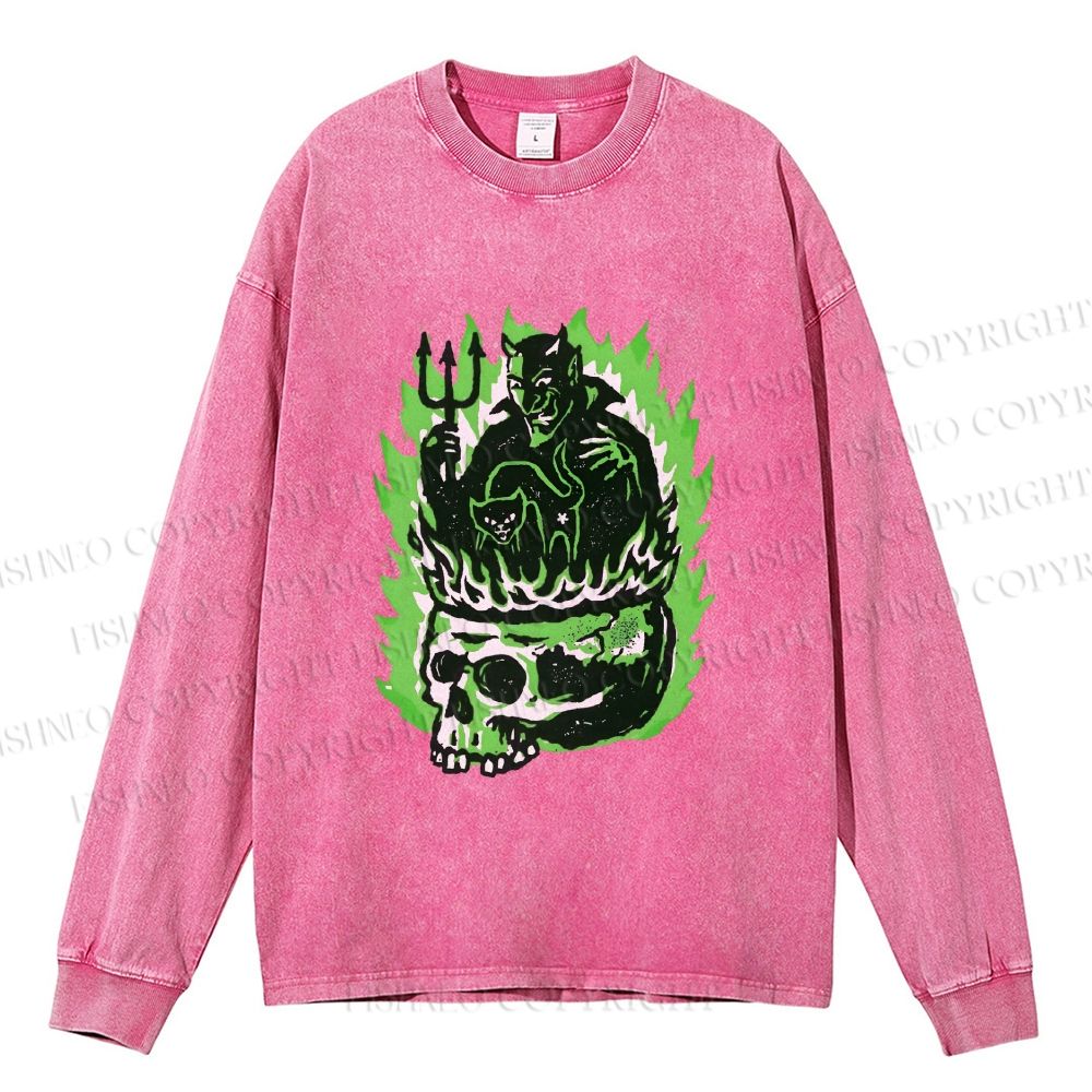 Unisex Casual Washed Vintage Demon Hell Skull Printed Long Sleeve T-shirt
