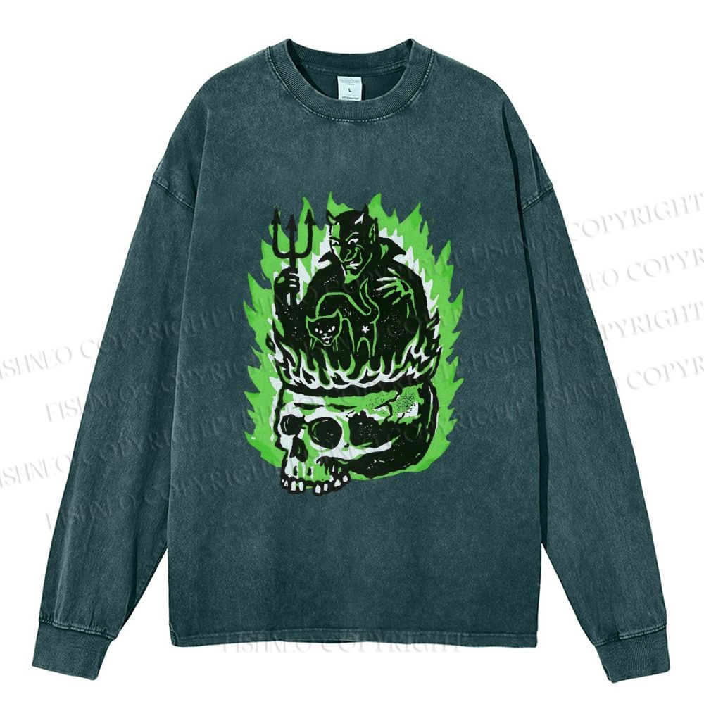 Unisex Casual Washed Vintage Demon Hell Skull Printed Long Sleeve T-shirt