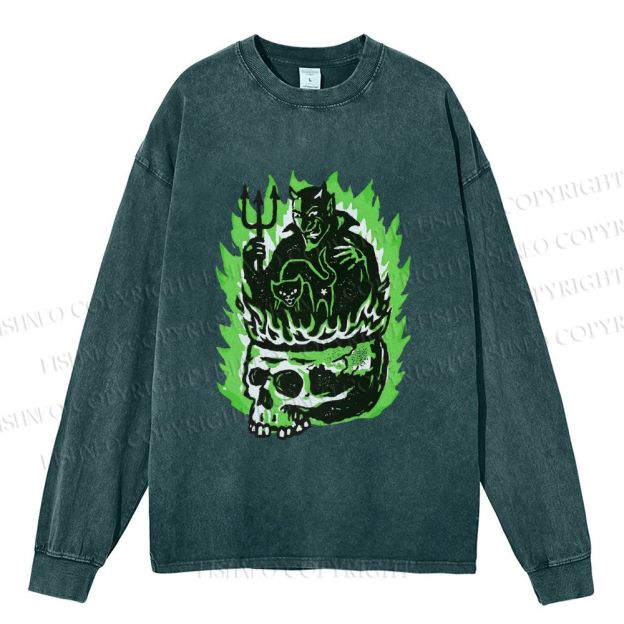 Unisex Casual Washed Vintage Demon Hell Skull Printed Long Sleeve T-shirt