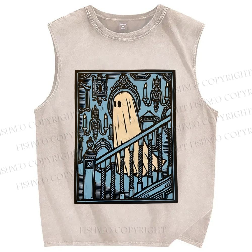 Unisex Vintage Ghost Halloween Printed Washed Tank Top