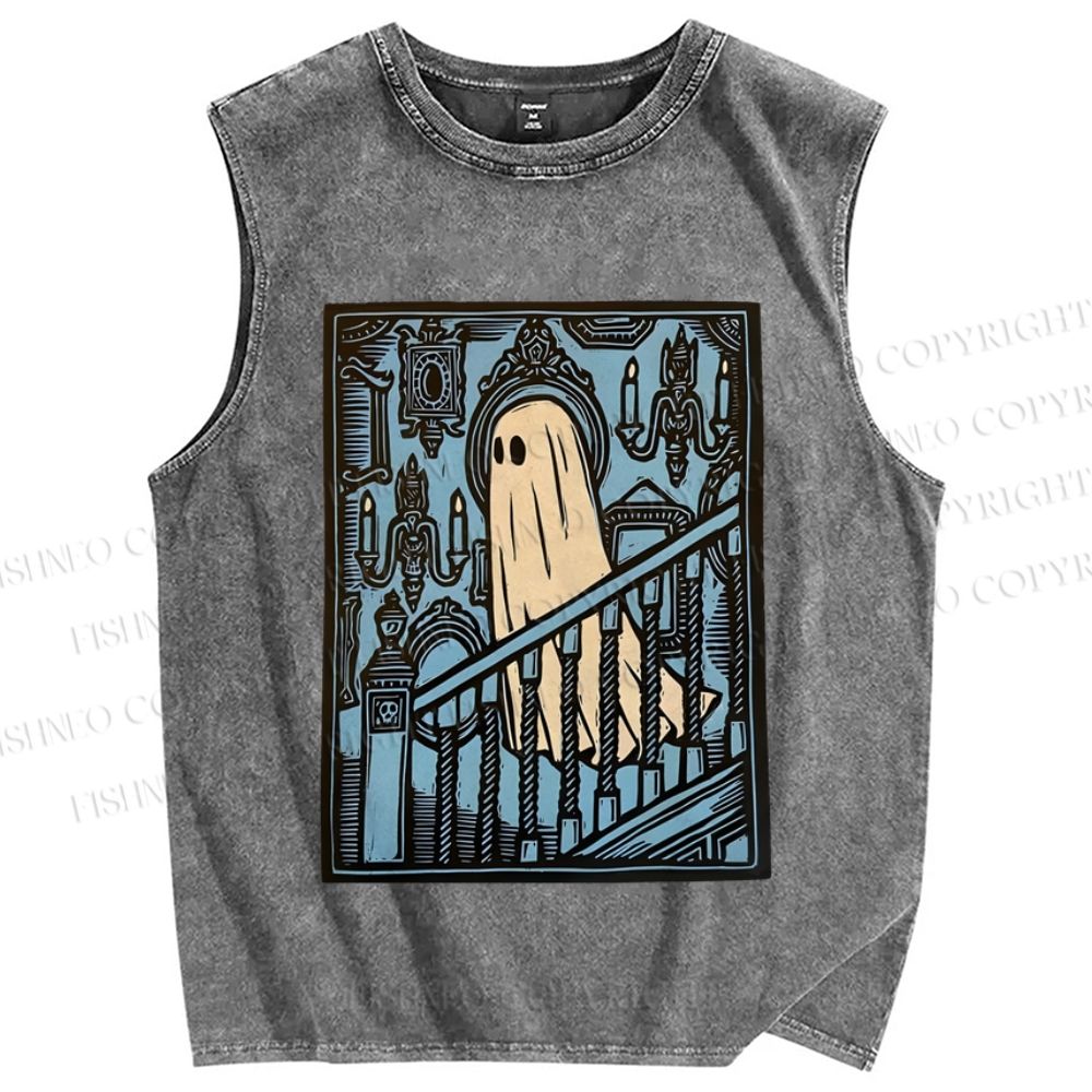 Unisex Vintage Ghost Halloween Printed Washed Tank Top