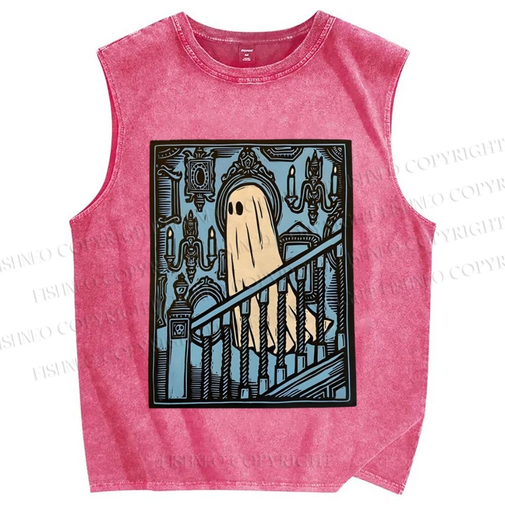 Unisex Vintage Ghost Halloween Printed Washed Tank Top
