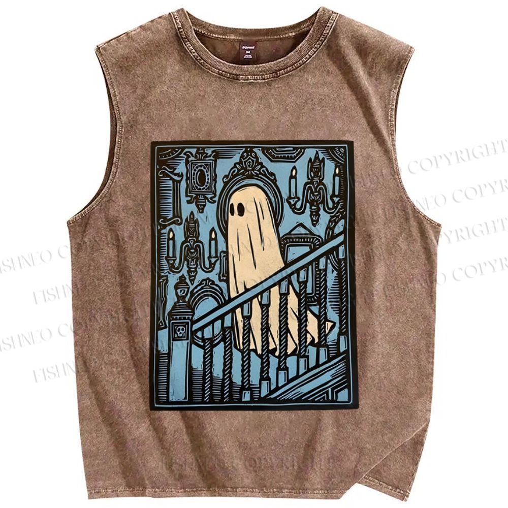 Unisex Vintage Ghost Halloween Printed Washed Tank Top