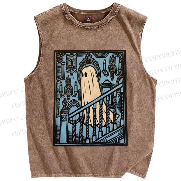 Unisex Vintage Ghost Halloween Printed Washed Tank Top