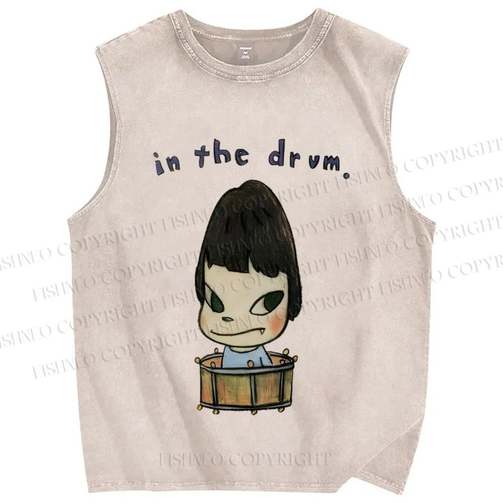 Unisex Japanese Art Yoshitomo Nara In The Drum Printed Washed Tank Top
