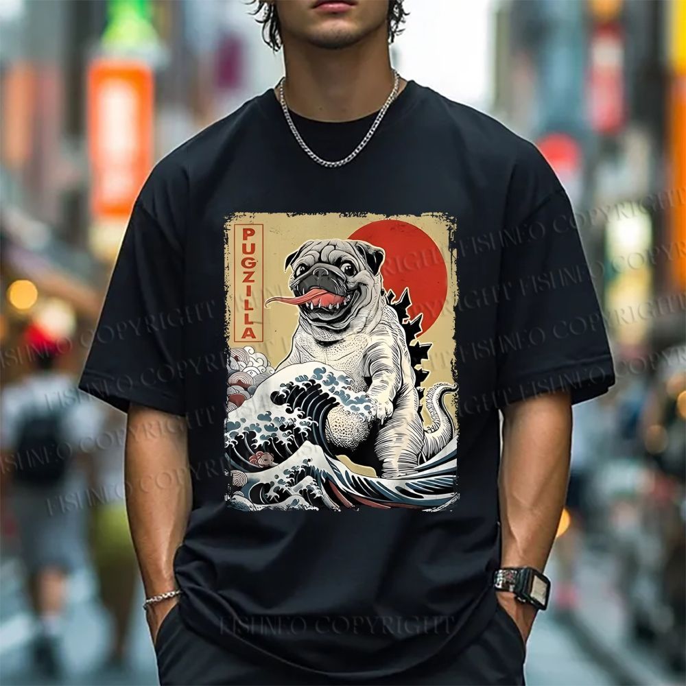 Unisex Vintage Japanese Dog Sea Wave Classic Cotton T-shirt