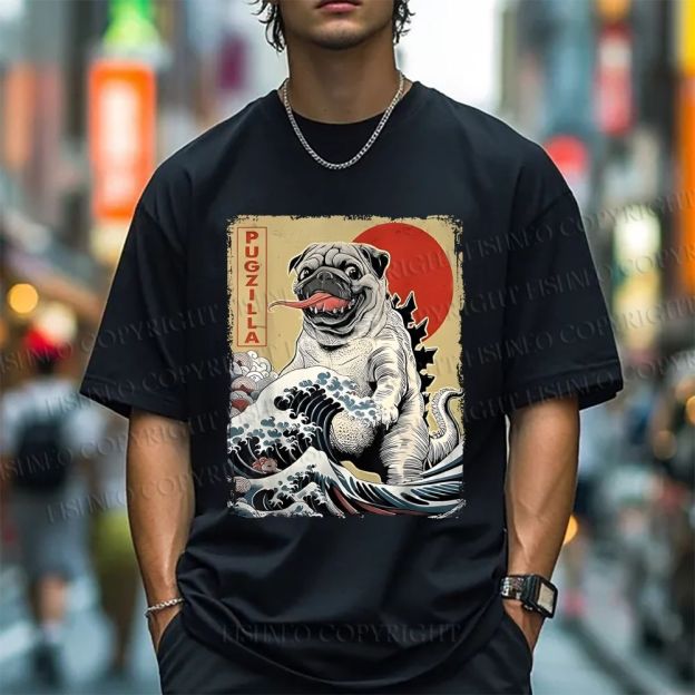 Unisex Vintage Japanese Dog Sea Wave Classic Cotton T-shirt