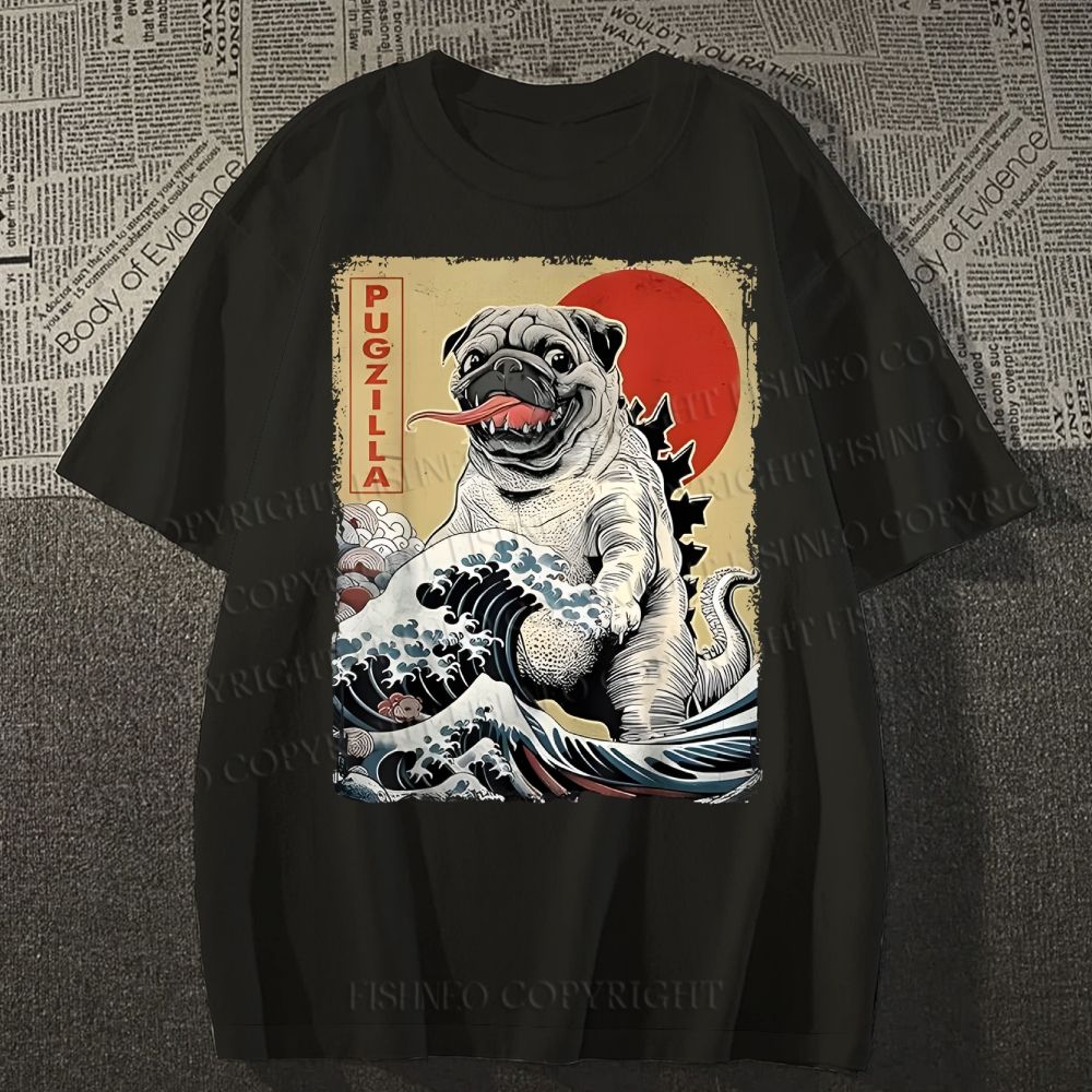 Unisex Vintage Japanese Dog Sea Wave Classic Cotton T-shirt