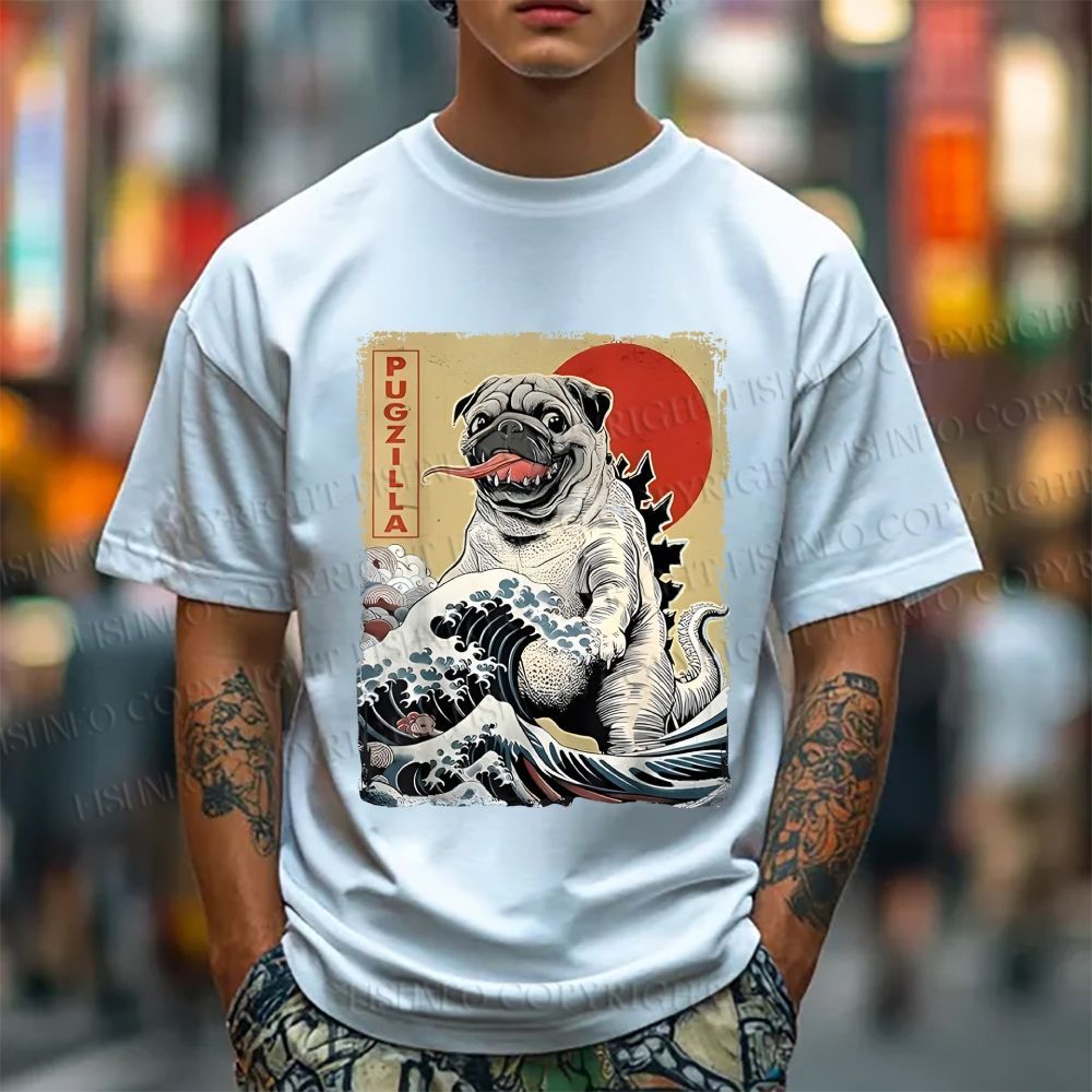 Unisex Vintage Japanese Dog Sea Wave Classic Cotton T-shirt