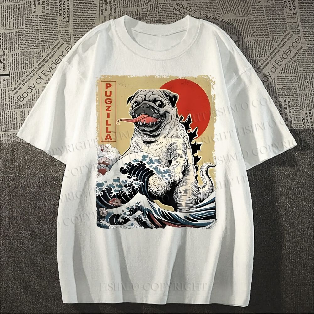 Unisex Vintage Japanese Dog Sea Wave Classic Cotton T-shirt
