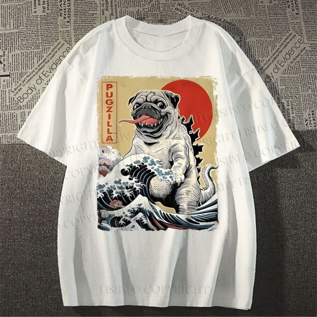 Unisex Vintage Japanese Dog Sea Wave Classic Cotton T-shirt
