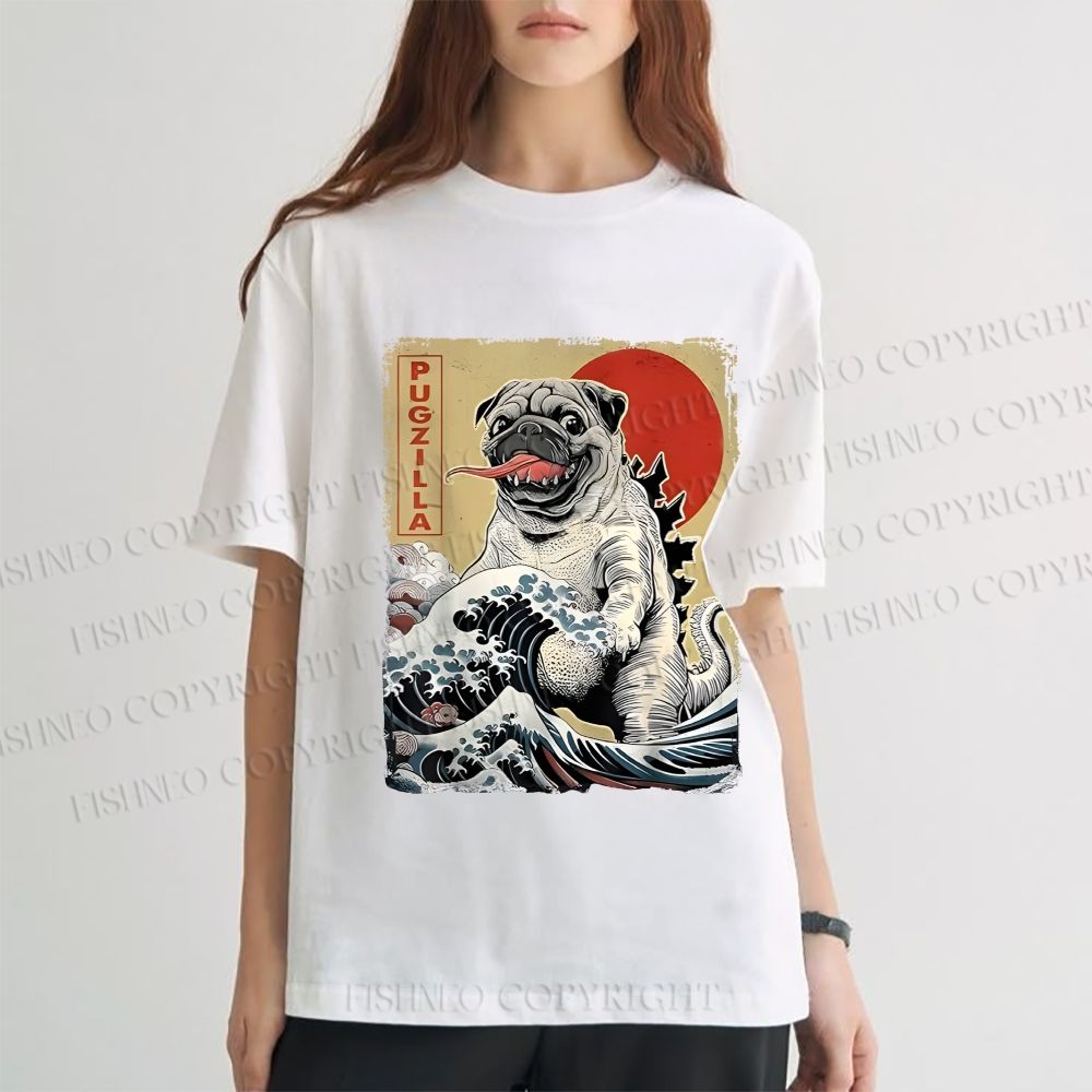 Unisex Vintage Japanese Dog Sea Wave Classic Cotton T-shirt