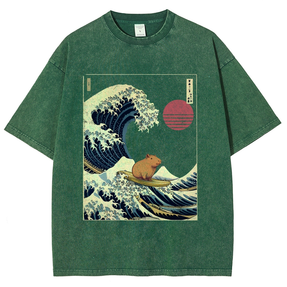 Capybara Surfing Washed T-Shirt