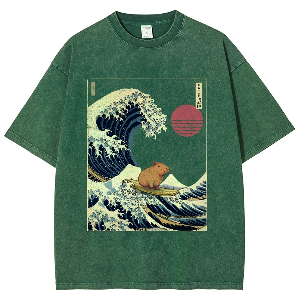 Capybara Surfing Washed T-Shirt