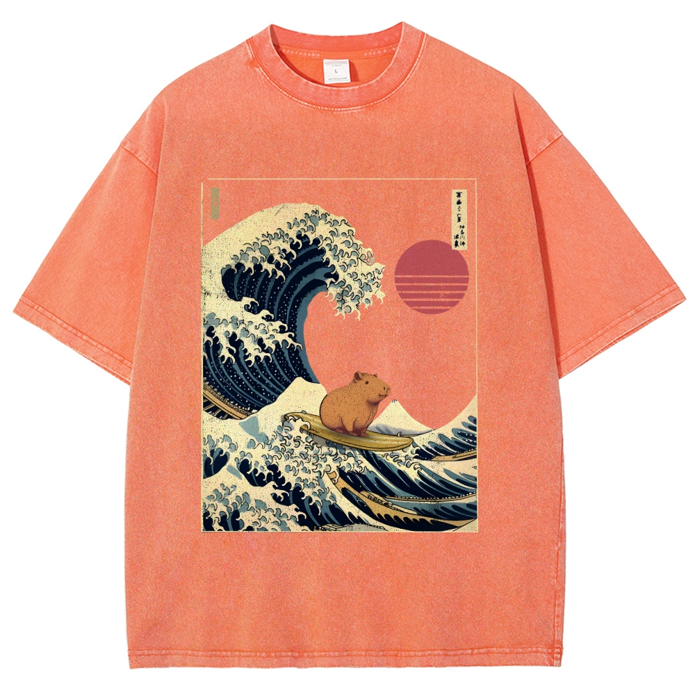 Capybara Surfing Washed T-Shirt