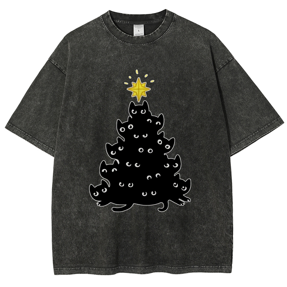 Black Cat Christmas Tree Washed T-Shirt