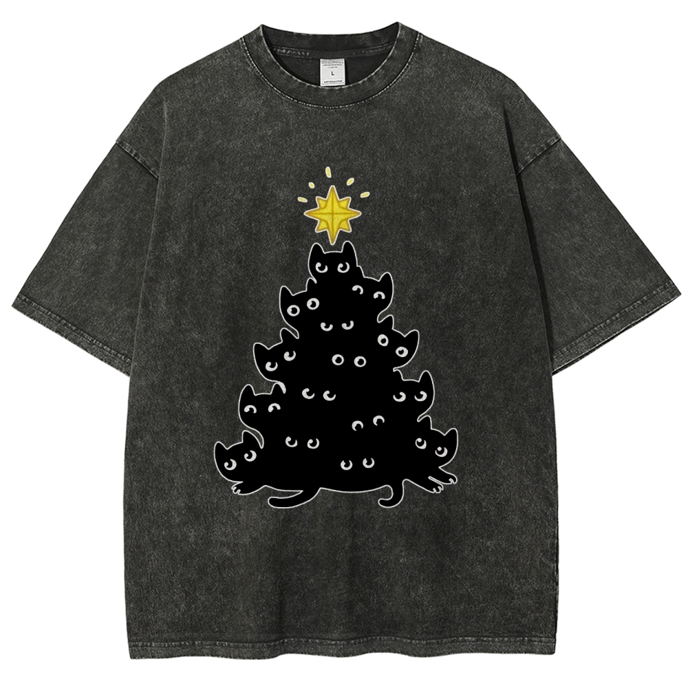 Black Cat Christmas Tree Washed T-Shirt