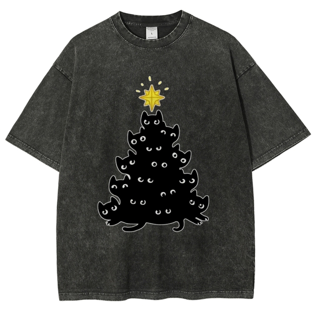 Black Cat Christmas Tree Washed T-Shirt