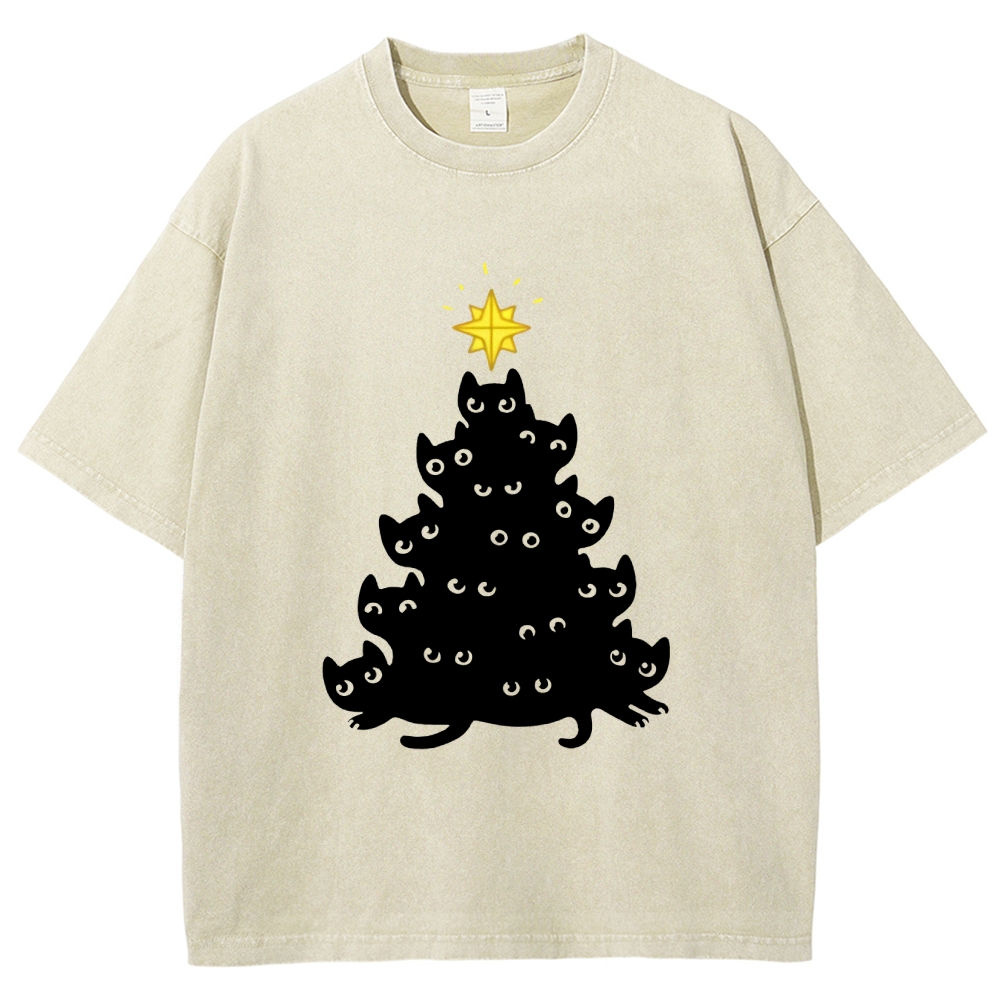 Black Cat Christmas Tree Washed T-Shirt