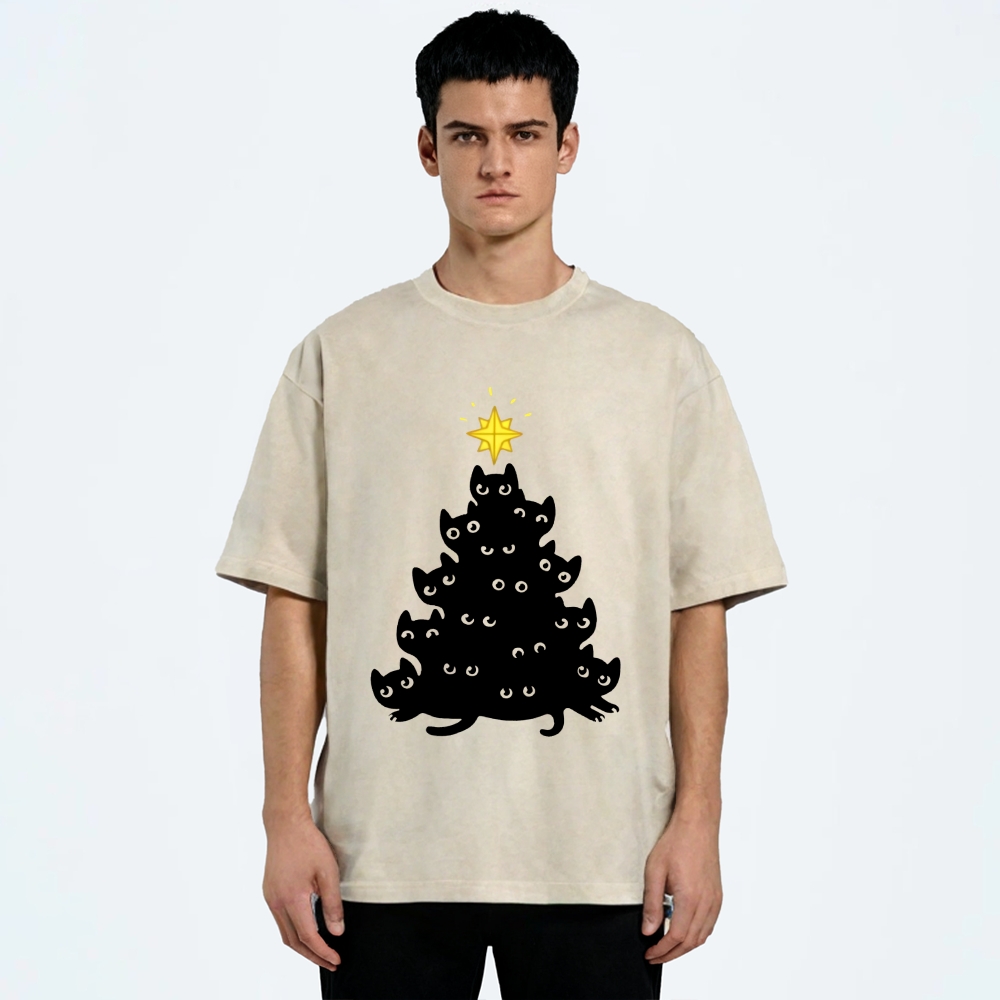 Black Cat Christmas Tree Washed T-Shirt