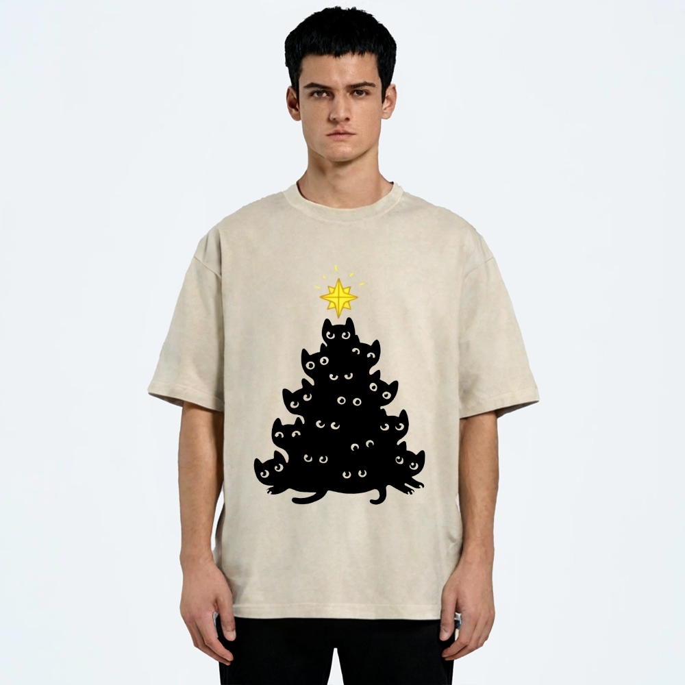 Black Cat Christmas Tree Washed T-Shirt